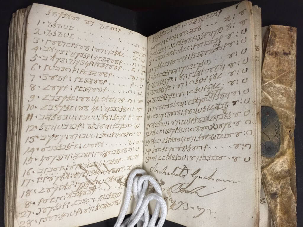 18C commonplace book from Glasgow, containing ribald poetry and a book inventory, written in code.